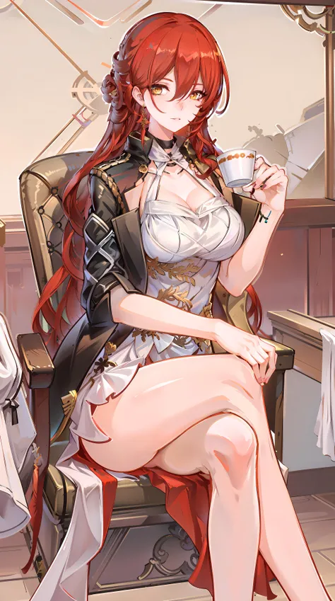 masterpiece, best quality, <lora:himekoHonkaiStarRail_v10:1>,
1girl, head, official,
yellow eyes, red hair, long hair, large breasts,
single earring, white dress, black jacket,
indoors,chair,crossed legs,  cowboy shot, looking at viewer, holding cup,