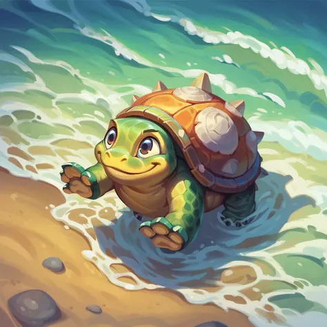 score_8_up, score_7_up, other, cute green and yellow turtle animal walking in sea, sand, smile, paws, shell, no humans, TURTLE HAS MADE IT TO THE WATER, <lora:sx-hearthstone-civit-pdxl:0.8>