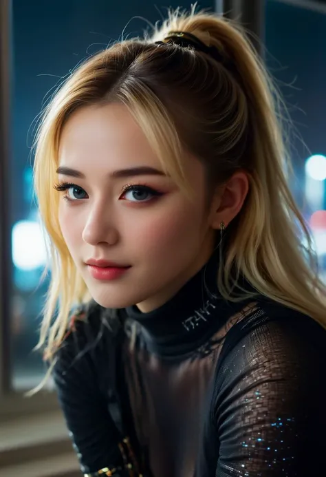 (macro) glamour shot of a beautiful asian young woman wearing a turtleneck bending forward to the viewer in front of a (window:1.3) overlooking (cyberpunk city) at night, bokeh, neon, cyberpunk, dark, low light, low key, multicolored hair, hair highlights, red and blonde hair, dynamic lighting, cinematic still, freckles, dark skin, movie screencap, smile, smirk, piercing blue eyes, extremely long hair, sleek hair, portrait, dynamic pose,, 100mm f/2.8 macro lens, dynamic pose, pov, portrait, close-up