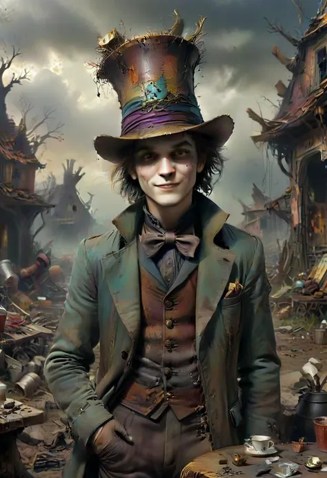 In this scene, the Mad Hatter from "Alice in Wonderland" is depicted in a state of disarray. His colorful, mismatched attire is tattered and dirty, and his iconic hat is worn and frayed. He sits at a table set for a tea party, but the cups and saucers are cracked and chipped, and the teapot is rusted and dented. The background shows a post-apocalyptic landscape, with crumbling buildings and twisted, dead trees. The sky is a dull, ashen color, with no sign of life or hope. Despite the bleakness of his surroundings, the Mad Hatter wears a wistful smile, as if reminiscing about better days long gone