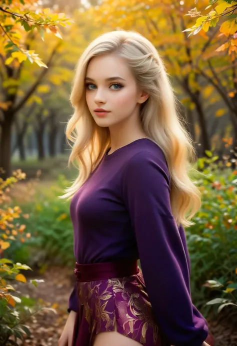 modelshoot style, 1girl, illustrated by Artgerm, In a picturesque autumn scene, a blonde woman stands tall and proud amidst the colorful foliage. Her striking appearance is enhanced by a green coat that complements the vibrant hues of the surrounding environment. From head to toe, she exudes a sense of elegance and confidence. With her golden locks gracefully cascading down her back, the woman's hair adds a touch of brightness to the serene setting. Her enchanting blue eyes sparkle with a hint of playfulness, framed by fluttering lashes. The subtle application of makeup enhances her natural beauty, giving her a radiant and youthful glow. The young girl dressed in a purple skirt adorned with flames stands beside the blonde woman, her youthful innocence accentuated by her animated expression and colorful face paint