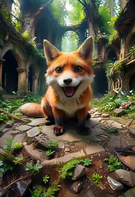 a fox takes a selfie in subterranean crystal palace, in the style of fisheye effects, funny mood, strong facial expression, wimmelbilder, tilt shift,