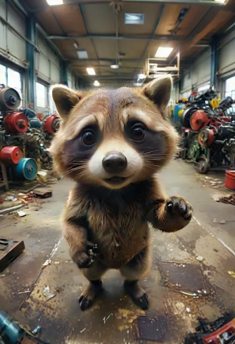 a raccoon takes a selfie in industrial factory, in the style of fisheye effects, funny mood, strong facial expression, wimmelbilder, tilt shift,
