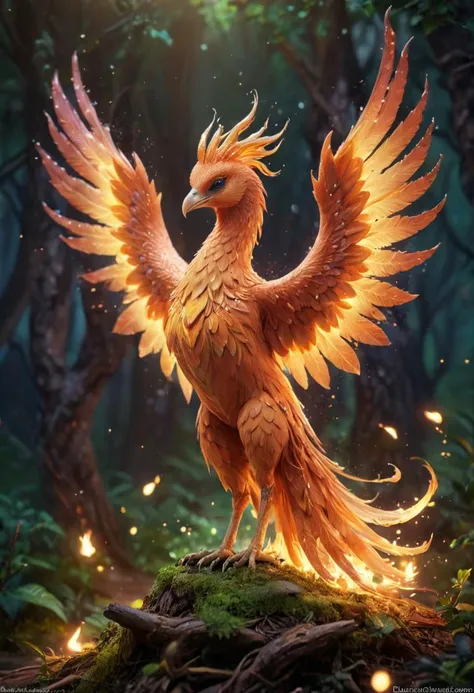 realistic photography of a cute magical phoenix with fiery rebirth in an enchanted wonderland, beautiful whimsical fantasy art concept, detailed background, glowing particles, intricate details, ultra sharp, realism