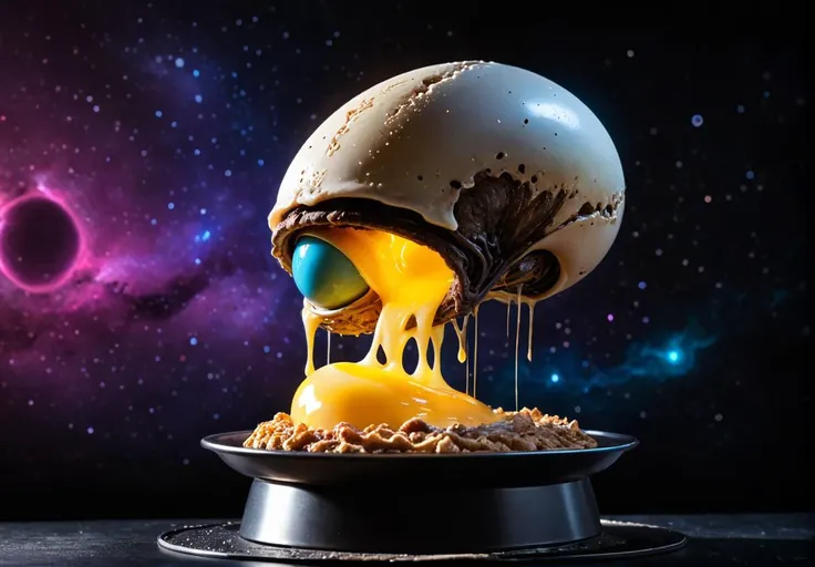 Alien-themed egg clutched against head of egghead 
cake breaking head 
background oven with glowing metall , liquid egg streaming down  . Extraterrestrial, cosmic, otherworldly, mysterious, sci-fi, highly detailed