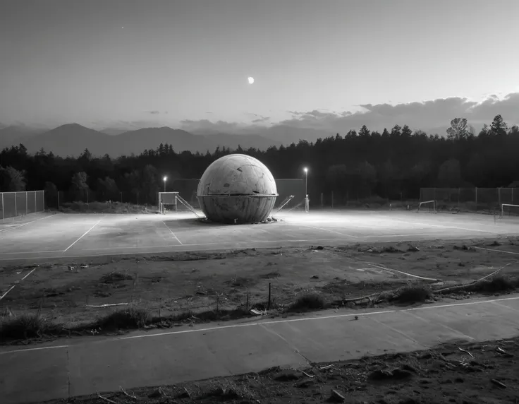 landscape of a Mecha Tennis court and Chilean Planet Saturn, at Dawn, Horror, Excessivism, 35mm, BW, behance