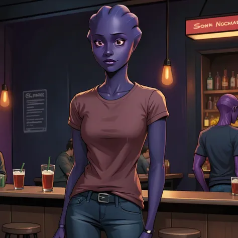 A tall slender asari woman wearing a dark modest tshirt and jeans, dark purple skin, digital drawing, comic style, unsure expression, dim warm cozy [sci-fi] bar background <lora:mestyle-asari-230810-2-d128-a32:0.85>