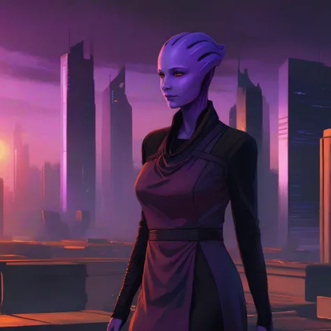 An asari woman wearing a modest dark cowl neck maxi dress, violet skin, digital art, comic style, cyberpunk city sunset background <lora:asari-v0.1:0.85>