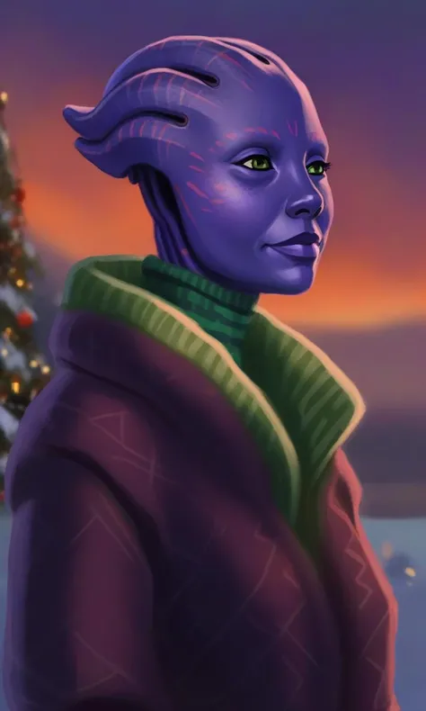 <lora:asari-v0.1:0.80>An asari woman in a thick wool sweather, (dark purple skin), faint green markings, character portrait, digital painting, fullbody, christmas background, sunset