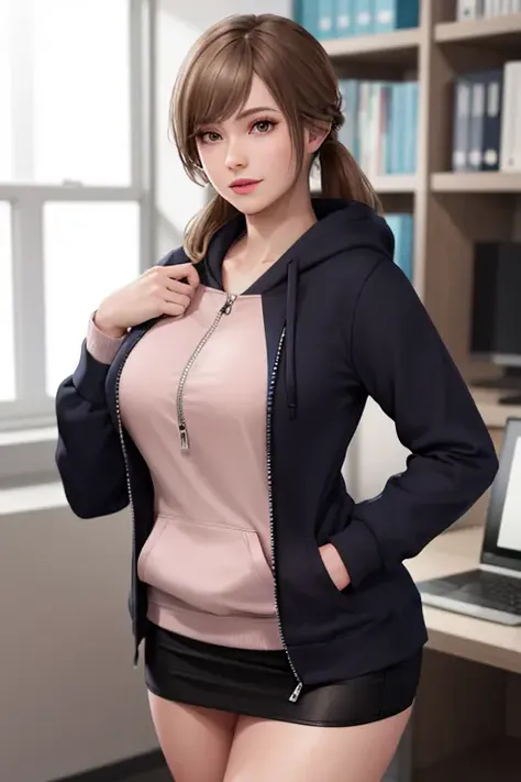 <lora:doa_amy:0.7> amy, beautiful, office, computer in background, unzipped hoodie, shirt, skirt