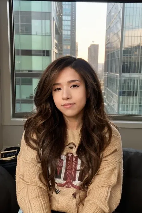 pokimane, raw photograph, portrait, closeup, woman wearing a sweater, penthouse, window, cityscape, cinematic, glowing hair, sun shining through hair, <lora:pokimane_v1_03b_15w_1.5_C:0.50>