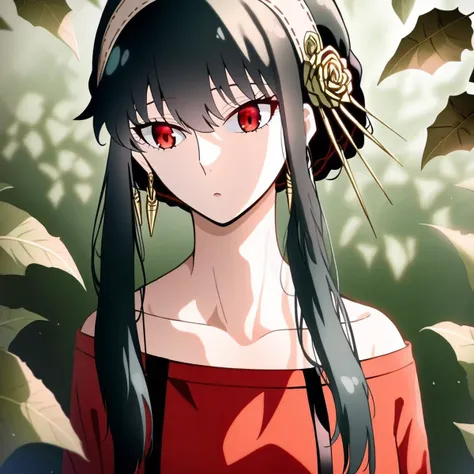 yor briar,  1girl, bangs, black hair, collarbone, earrings, hairband, jewelry, leaf, long hair, long sleeves, off-shoulder shirt, off shoulder, red eyes, red shirt, shirt, solo, upper body, white hairband  , ((masterpiece))