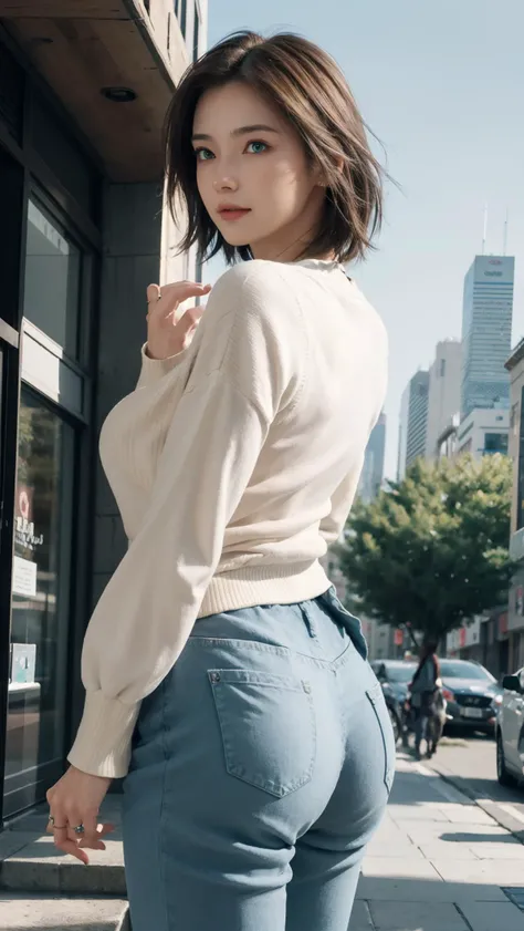 best quality,masterpiece,8k wallpaper,absurdres, highres, ultra detailed, (1 young beautiful girl, solo:1.1), yuna (ff10),heterochromia, green eyes, brown hair, short hair, blue eyes, jewelry, ring,sweater dress,lowleg pants,hand on own ass,cityscape, skyscraper,east_asian_architecture, street,<lora:Yunaå°¤å¨_NOFACE:1>
BREAK