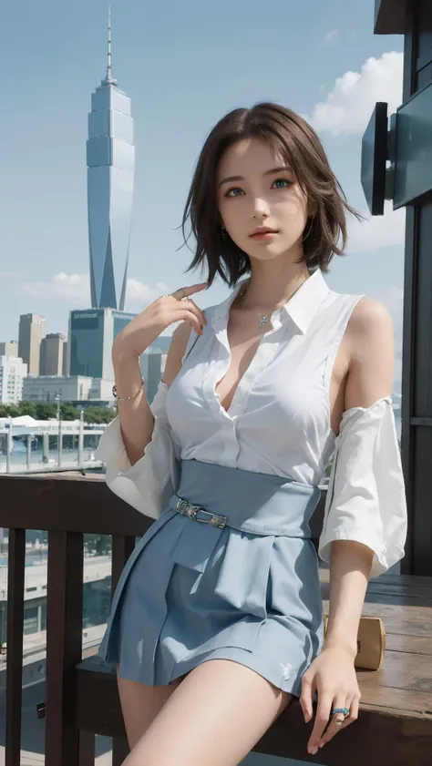 best quality,masterpiece,8k wallpaper,absurdres, highres, ultra detailed, (1 young beautiful girl, solo:1.1), yuna (ff10),heterochromia, green eyes, brown hair, short hair, blue eyes, jewelry, ring,dress shirt,overall skirt,hand between legs,cityscape, skyscraper,east_asian_architecture, street,<lora:Yunaå°¤å¨_NOFACE:1>
BREAK