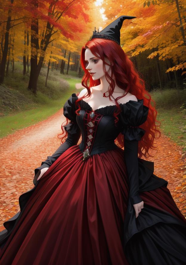 A woman in a red dress and black hat walking down a path - SeaArt AI