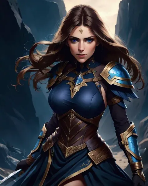 a photo, warrior woman ,hair brown, fantasy dress, realistic, hd, beautiful dress blue, realistic, half body shot, sharp focus, 8 k high definition, insanely detailed