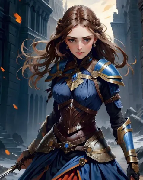 a photo, warrior woman ,hair brown, fantasy dress, realistic, hd, beautiful dress blue, realistic, half body shot, sharp focus, 8 k high definition, insanely detailed