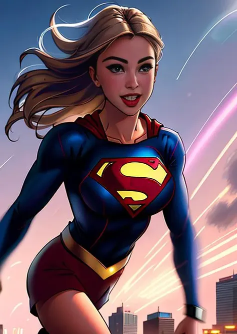 three quarters portrait head shoulders dramatic painting of MarileeSD15b in a modern supergirl costume flying over a city at high speed with motion lines and speed blur, happy expression, ((action shot, action pose)), 4k textures, adobe lightroom, photolab, highly detailed, sharp focus, even lighting, insane details, intricate details, hyperdetailed, exposure blend, <lora:supergirlDCComic_supergirl:0.5>