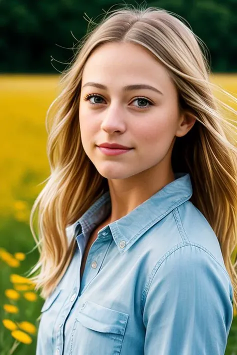 close portrait of MarileeSD15b looking directly into the camera and wearing a loose and open blue button_down collared shirt on a windy day at a meadow full of wildflowers, (lips parted and hair blowing in the wind), natural detailed skin texture, 24mm, 4k textures, adobe lightroom, photolab, elegant, highly detailed, sharp focus, natural warm even lighting, soothing tones, insane details, intricate details, hyperdetailed, exposure blend, (extreme face details), ((golden hour)), mouth slightly open, (seductive facial expression with hair blowing), (looking to the side)