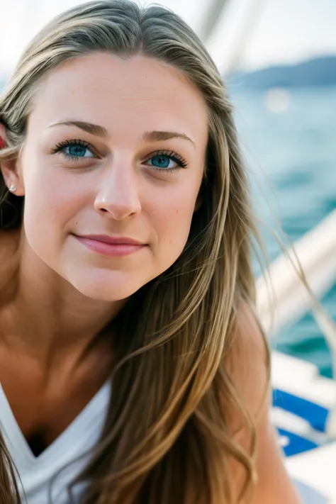 candid RAW portrait photo of a marileeIncognitos_v10, capri pants, sunbathing on sailboat, sunny day, bokeh, Lomo, dof, high definition, detailed, intricate,  fujifilm xt3, dslr, 50mm, camera flash, lens flare, lens distortions