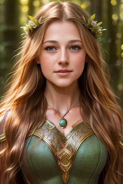 Ultra realistic photo of MarileeSD15, high elven city, lord of the rings, beautiful face, intricate, highly detailed, smooth, sharp focus, woman, flowers in hair,  necklace, standing in forest, detailed background, full body