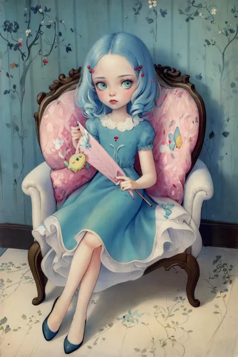 ((masterpiece)), (best quality), official art, in style of Nicoletta Ceccoli, 1girl, 
flipped hair, light blue hair, greeneyes, Sitting on a velvet chaise lounge, she holds a delicate fan, her gaze filled with mystery, Timid, 
 <lora:nceccoli3:1>