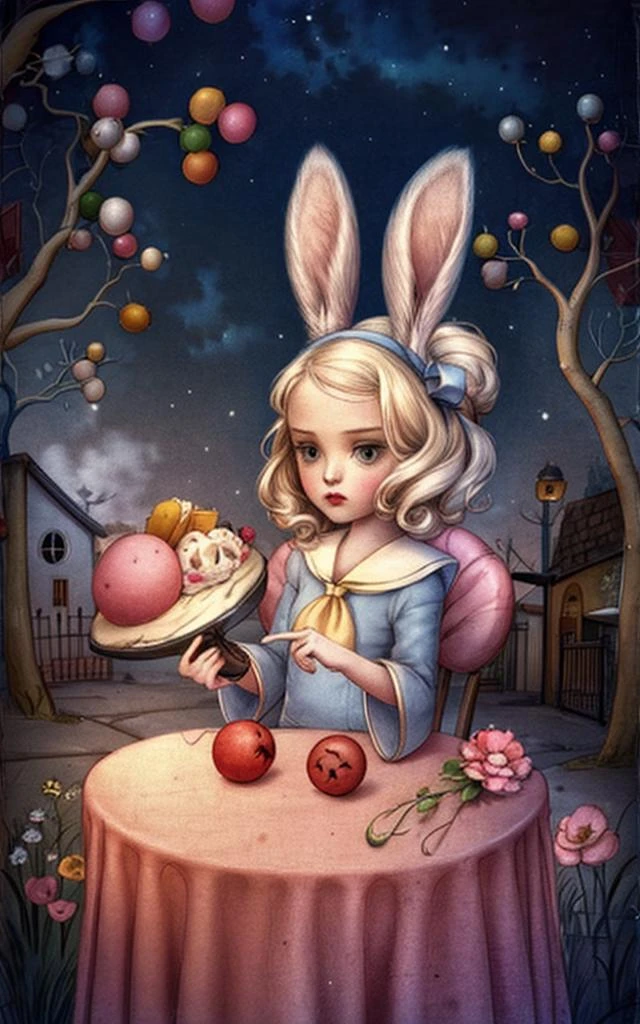 blonde school girl with bunny ears, celestial, cute, adorable, whimsical, contour, mysterious, Dark, Town of Salem 2, darkest dungeon, <lora:nceccoli3:1> <lora:add_detail:0.8>