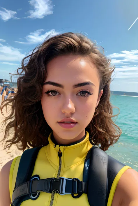 photo of (k1d4vis-2100:0.99), a woman as a diving structor, modelshoot style, (extremely detailed CG unity 8k wallpaper), photo of the most beautiful artwork in the world, professional majestic oil painting by Ed Blinkey, Atey Ghailan, Studio Ghibli, by Jeremy Mann, Greg Manchess, Antonio Moro, trending on ArtStation, trending on CGSociety, Intricate, High Detail, Sharp focus, dramatic, photorealistic painting art by midjourney and greg rutkowski, (wetsuit:1.2), (wet hair:1.2), ((at a beach)), ((emerald water)), ((perfect sky)), (sandy beach), (crowd in background:1.2),(looking at viewer), (detailed pupils:1.3), (modern outfit:1.2), (closeup), red lips, (eye shadow) k1d4vis-2100