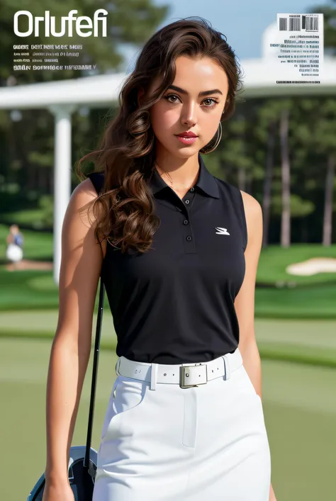 photo of (k1d4vis-2100:0.99), a woman as a golf instructor, modelshoot style, (extremely detailed CG unity 8k wallpaper), ((cover of a golfing magazine)), (text on cover:1.1), (magazine scan:1.2), photo of the most beautiful artwork in the world, professional majestic oil painting by Ed Blinkey, Atey Ghailan, Studio Ghibli, by Jeremy Mann, Greg Manchess, Antonio Moro, trending on ArtStation, trending on CGSociety, Intricate, High Detail, Sharp focus, dramatic, photorealistic painting art by midjourney and greg rutkowski, (sleeveless polo:1.2), (dark tennis skirt:1.2), ((golf course)), ((standing on golf course)), ((golf bag in background)), (country club in background), (crowd in background:1.2),(looking at viewer), (detailed pupils:1.3), (modern outfit:1.2), (closeup), red lips, (eye shadow)