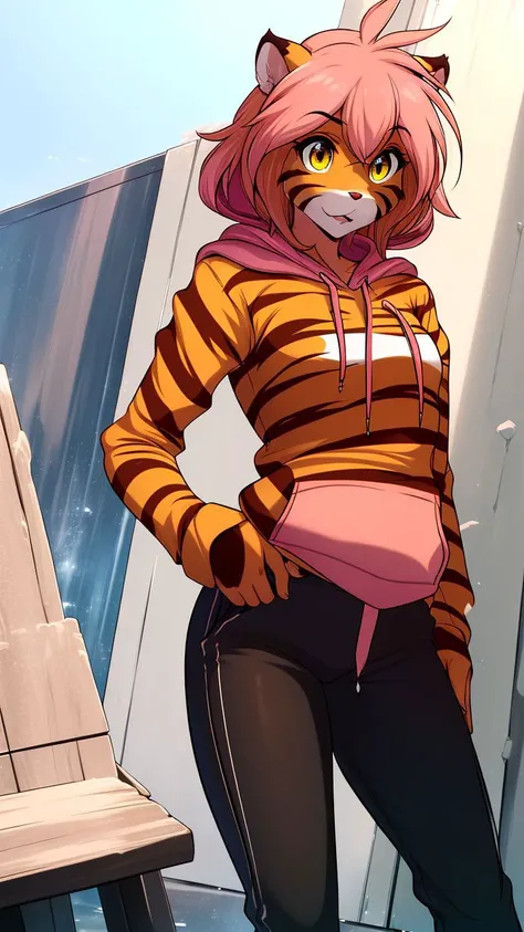 (masterpiece:1.4),(best quality:1.4),solo,city background,(Pink Hoodie:1.5),(Pants:1.5),Furry,Flora,Flat Chest,small breasts,Tiger girl,Striped fur,big detailed yellow eyes,brown orange hair,<lora:floratwokinds:0.7>,personal ami,highly detailed face,beautiful face,highres,extremely detailed 8K wallpaper,extremely detailed character,solo,<lora:w<w[s:0.5>,posing,(cute:1.5),