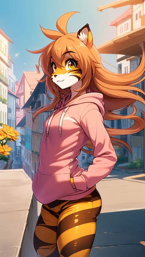 (masterpiece:1.4),(best quality:1.4),solo,city background,(Pink Hoodie:1.5),(Pants:1.5),Furry,Flora,Flat Chest,small breasts,Tiger girl,Striped fur,big detailed yellow eyes,brown orange hair,<lora:floratwokinds:0.7>,personal ami,highly detailed face,beautiful face,highres,extremely detailed 8K wallpaper,extremely detailed character,solo,<lora:w<w[s:0.5>,posing,(cute:1.5),