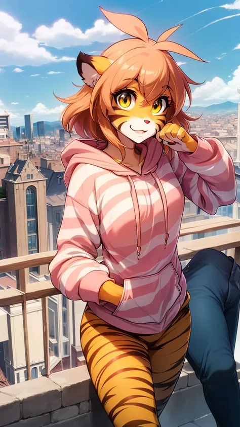(masterpiece:1.4),(best quality:1.4),solo,city background,(Pink Hoodie:1.5),(Pants:1.5),Furry,Flora,Flat Chest,small breasts,Tiger girl,Striped fur,big detailed yellow eyes,brown orange hair,<lora:floratwokinds:0.7>,personal ami,highly detailed face,beautiful face,highres,extremely detailed 8K wallpaper,extremely detailed character,solo,<lora:w<w[s:0.5>,posing,(cute:1.5),