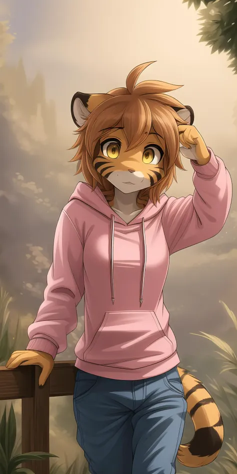 (masterpiece:1.4), (best quality:1.4),  (Pink Hoodie:1.5), (Pants:1.5), Furry, Flora, Flat Chest,small breasts, Tiger girl, Striped fur, big detailed yellow eyes, brown orange hair,  <lora:floratwokinds:0.7> , personal ami, highly detailed face, beautiful face,  highres, extremely detailed 8K wallpaper, extremely detailed character,solo, <lora:Detailed:0.5>, posing, (cute:1.5),