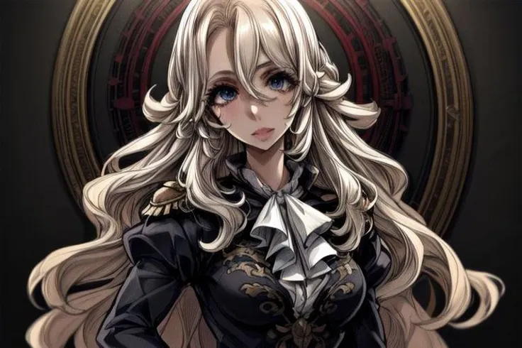 masterpiece, Lily Kokoschka , best quality, best quality, ultra-detailed, highres,sharp focus,(ultra detailed,extremely detailed), 1girl,(masterpiece, best quality), LilyKOKOSCHKA, 1girl, solo, long hair, blonde hair, hair between eyes,  wavy hair, eyes visible through hair, LilyKOKOSCHKA, 1girl, solo, long hair, blonde hair, hair between eyes, uniform, ascot, wavy hair, eyes visible through hair, white ascot, Seductive eyes, symmetrical eyes,big eyes:1.5,(detailed body,(detailed face)), cute, erotic,daring, small breasts,  upper body