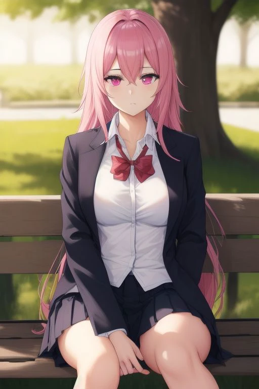 A highres masterpiece with best quality. The full-lenght portrait is vibrant with enhanced lighting and contrast. 1girl aishia has long pink hair, pink eyes and medium breasts. She sits with a school uniform with jacket and skirt outdoor in front of a tree on a bank in a park. Her jacket is closed. She is quiet and relaxed. Her hands lies on her legs.