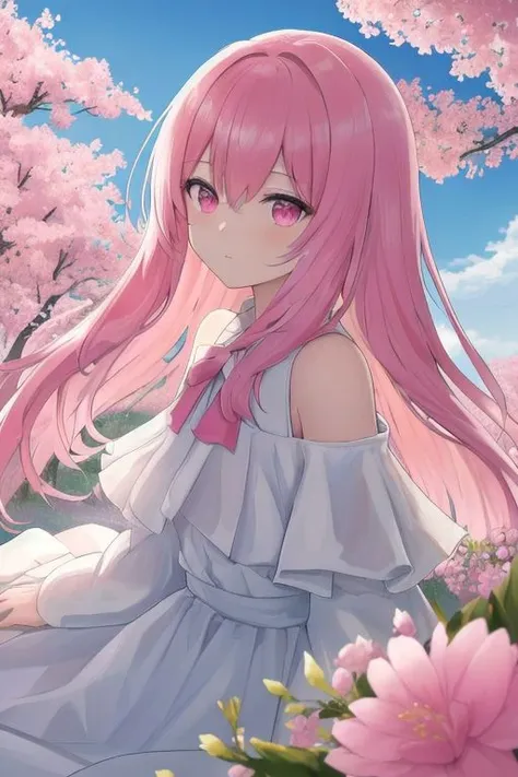 A highres masterpiece with best quality. The full-lenght portrait is vibrant with enhanced lighting and contrast. 1Girl Aishia has long pink hair and pink eyes. She wears a long, frilled and shoulder-free dress colored in white. The dress is layered and has a cleavage. She stands outdoor in a beautiful meadow with many pink flowers in meadow and a sakura in the background.