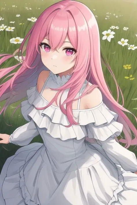 A highres masterpiece with best quality. The half-lenght portrait is vibrant with enhanced lighting and contrast. 1Girl Aishia has long pink hair and pink eyes. She wears a frilled and shoulder-free dress colored in white. The dress is layered and has a cleavage. She stands outdoor in a meadow and a sakura in the background.