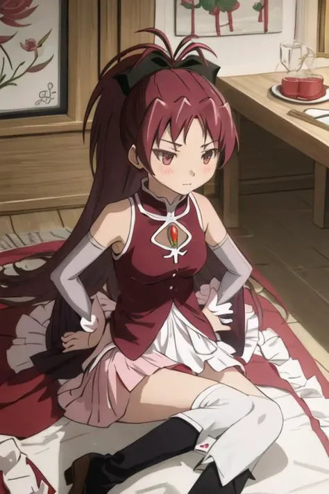 best quality, masterpiece, highres, solo, {sakura_kyouko_puellamagimadokamagica:1.15}, red_hair, long_hair, ponytail, red_eyes, hair_bow, bow, magical_????, 1girl, bare_shoulders, detached_sleeves