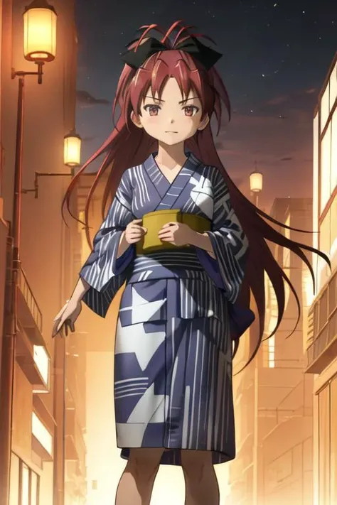 best quality, masterpiece, highres, solo, {yukata:1.40}, {kimono:1.20}, {sakura_kyouko_puellamagimadokamagica:1.15}, red_hair, long_hair, ponytail, red_eyes, hair_bow, bow, magical_girl