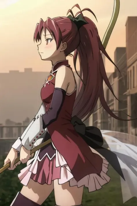 best quality, masterpiece, highres, solo, {sakura_kyouko_puellamagimadokamagica:1.15}, red_hair, long_hair, ponytail, red_eyes, hair_bow, bow, magical_girl, 1girl, bare_shoulders, blush, detached_sleeves, polearm, spear, weapon, profile