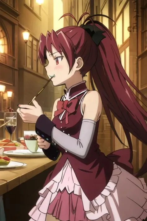 best quality, masterpiece, highres, solo, {sakura_kyouko_puellamagimadokamagica:1.15}, red_hair, long_hair, ponytail, red_eyes, hair_bow, bow, magical_girl, 1girl, anime_coloring, clenched_teeth, food, mouth_hold, official_style, parody, pocky, teeth, blush, profile