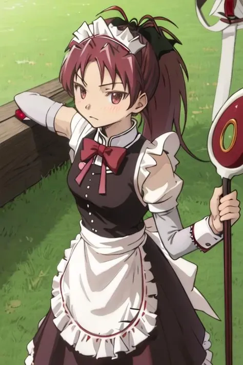 best quality, masterpiece, highres, solo, {maid:1.40}, {long maid dress:1.15}, {sakura_kyouko_puellamagimadokamagica:1.15}, red_hair, long_hair, ponytail, red_eyes, hair_bow, bow, magical_girl