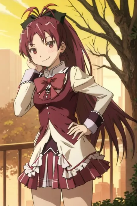 best quality, masterpiece, highres, solo, {sakura_kyouko_puellamagimadokamagica:1.15}, red_hair, long_hair, ponytail, red_eyes, hair_bow, bow, magical_girl, 1girl, mitakihara_school_uniform, ribbon, school_uniform, smile, tree, hands_on_hips, looking_at_viewer