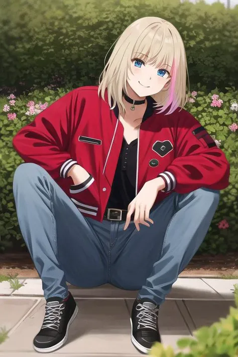 masterpiece, best quality, ultra-detailed, ray tracing, perfect lighting, (shiny skin:1.2),<lora:Kawai_rika:1> Kawaii_R ,1girl,solo, blue eyes, blonde hair, multicolored hair, streaked hair, black shirt, red jacket, letterman jacket, open jacket,choker, shoes, pants, belt, denim, jeans, black footwear, black belt, smile, outdoors,
