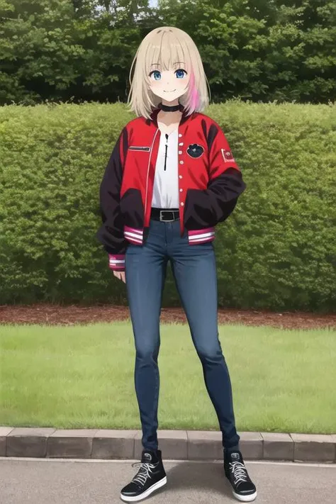 masterpiece, best quality, ultra-detailed, ray tracing, perfect lighting, (shiny skin:1.2),<lora:Kawai_rika:1> Kawaii_R ,1girl,solo, blue eyes, blonde hair, multicolored hair, streaked hair, black shirt, red jacket, letterman jacket, open jacket,choker, shoes, pants, belt, denim, jeans, black footwear, black belt, smile, outdoors,