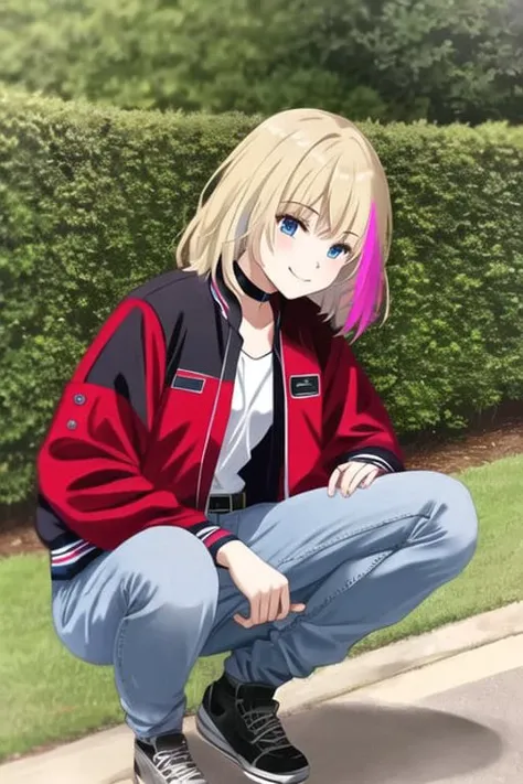 masterpiece, best quality, ultra-detailed, ray tracing, perfect lighting, (shiny skin:1.2),<lora:Kawai_rika:1> Kawaii_R ,1girl,solo, blue_eyes, blonde_hair, multicolored_hair, streaked_hair, black shirt, red jacket, letterman jacket, open jacket,choker, shoes, pants, belt, denim, jeans, black footwear, black belt, smile, outdoors,