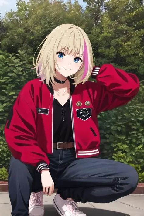 masterpiece, best quality, ultra-detailed, ray tracing, perfect lighting, (shiny skin:1.2),<lora:Kawai_rika:1> Kawaii_R ,1girl,solo, blue eyes, blonde hair, multicolored hair, streaked hair, black shirt, red jacket, letterman jacket, open jacket,choker, shoes, pants, belt, denim, jeans, black footwear, black belt, smile, outdoors,