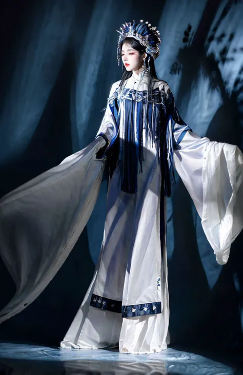 xuer traditional chinese art opera,1girl,solo,long hair,black hair,blue theme,standing,long sleeves,night,full body,closed eyes,shawl,wide sleeves,
<lora:~Q?-bf xuer traditional chinese art opera:0.8>,