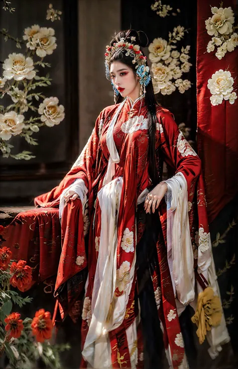 xuer traditional chinese art opera,1girl,solo,flower,red lips,long sleeves,makeup,looking at viewer,lipstick,jewelry,long hair,floral print,tassel,blurry,closed mouth,standing,
<lora:~Q?-bf xuer traditional chinese art opera:0.8>,