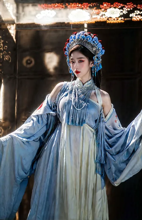 xuer traditional chinese art opera,1girl,solo,holding,flower,hair flower,standing,full body,wide sleeves,long sleeves,black hair,red lips,sleeves past wrists,looking at viewer,brown hair,floral print,
(dark white and light blue:1.3),Dynamic Angle,Perspective,(from below:1.6),(upper body:1.5),
pavilion,pool,Mahogany chair,ancient Chinese wooden architecture,Corridor bridge,(outdoors:0.3),
<lora:~Q?-bf xuer traditional chinese art opera:0.8>,